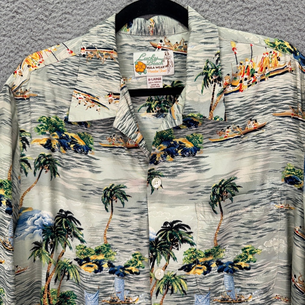 Lucky Beach Hula Wear Shirt‎ Mens XL Paradise Found Rayon Hawaiian Scenic Print